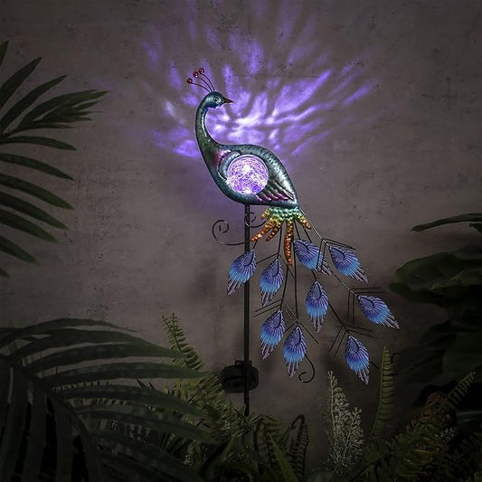 TERESA'S Collections Yard Decorations Outdoor for Garden Decor, Peacock Solar Outdoor Lights, 35.4'' Metal Lawn Ornaments for Outside with Crackle Glass Ball, Decorative Stake Gifts for Mom