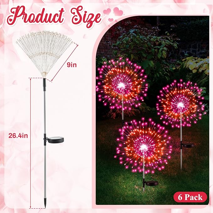 6 Pcs Valentine's Day Solar Firework Lights Solar Lights Outdoor Garden 120 LED 8 Modes Waterproof LED Sparkler Outdoor for Valentines Patio Yard Pathway Walkway (Valentine's Day Color)