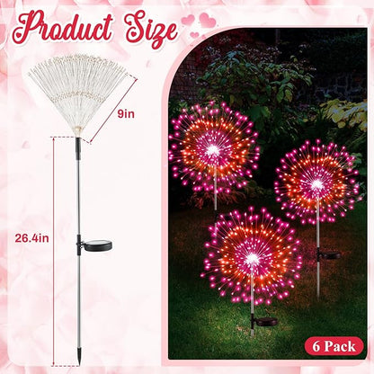 6 Pcs Valentine's Day Solar Firework Lights Solar Lights Outdoor Garden 120 LED 8 Modes Waterproof LED Sparkler Outdoor for Valentines Patio Yard Pathway Walkway (Valentine's Day Color)