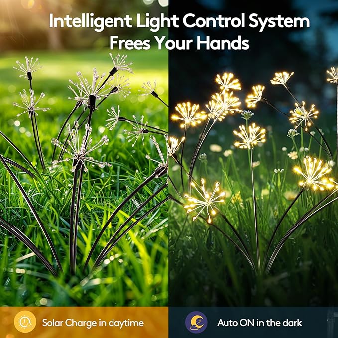 Solar Garden Lights, Firework Starburst Ground Plug Lights 2 Packs, 160 LED Solar Powered Waterproof Firefly Light for Outdoor Garden, Patio, Yard, Flowerbed Decor, Warm White