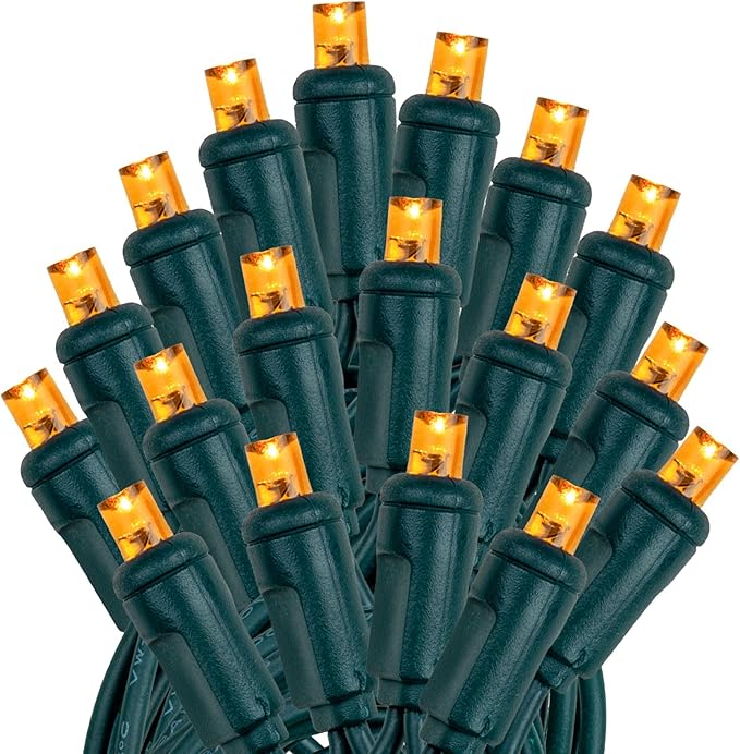Novelty Lights 25ft 50 LED Amber Christmas Lights Outdoor/Indoor, 6" Spacing, Green Wire String Lights for Festive Xmas Lighting, IP55, UL Listed, Dimmable, Connectable