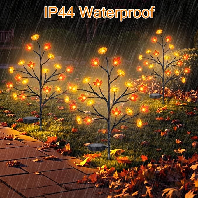4 Pack Fall Solar Lights Outdoor, 80 LED Maple Pumpkin Stake Lights with 8 Mode, Waterproof Solar Pathway Lights for Garden Patio Yard Fall Outdoor Decor