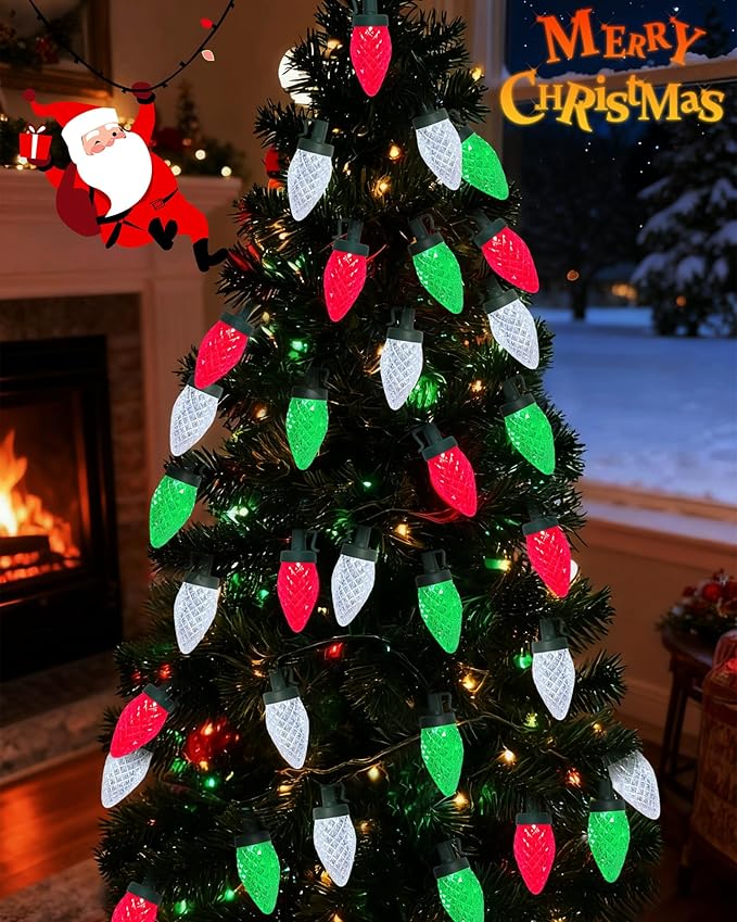 25Ft LED Red White and Green Christmas Lights Outdoor, C9 Vintage Christmas Lights with 25 LED Red Green White String Light, Plug in Strawberry Light for Indoor Outside Roofline Xmas Tree Decor