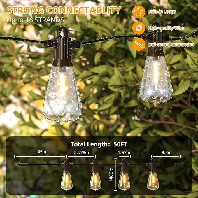 FOOMAN LED Outdoor String Lights, 50FT Outside Waterproof Patio Lights with 25+2 Shatterproof ST38 Edison Bulbs | Lumora