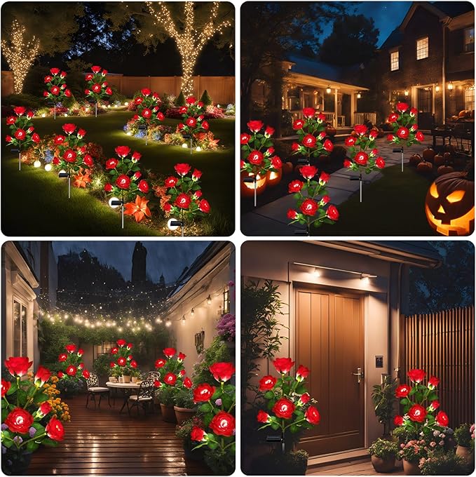 DWH 1 Pack Solar Garden Lights Outdoor, 7-Flower Rose Solar Lights for Yard, LED Solar Powered Stake Lights for Patio Pathway Lawn Fence Cemetery, Red