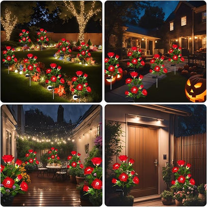 DWH 1 Pack Solar Garden Lights Outdoor, 7-Flower Rose Solar Lights for Yard, LED Solar Powered Stake Lights for Patio Pathway Lawn Fence Cemetery, Red