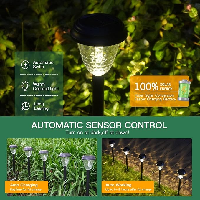 Solar-Powered Auto-Sensor Garden Stake Lights IP44 Waterproof All-Weather Frost&Heat Resistant Warm White LED 8-12H Runtime Easy Stake Install TwistOnOff ABS Durable Path/Gdn/Patio