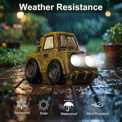 Garden Statue Outdoor Solar Car Decor with LED Light Vintage Resin Sculpture Truck Rustic Decoration for Lawn Patio Yard Gifts for Women