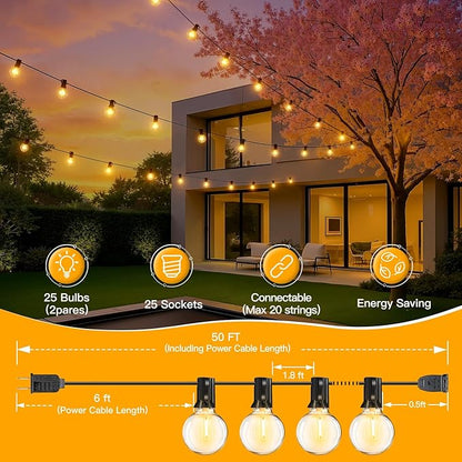 Ollny 50FT Outdoor String Lights, Waterproof Connectable Shatterproof Patio Lights with 25+2 G40 Edison Bulbs Plug in，Outdoor Hanging Light for Backyard, Porch, Deck, Garden, 2700K