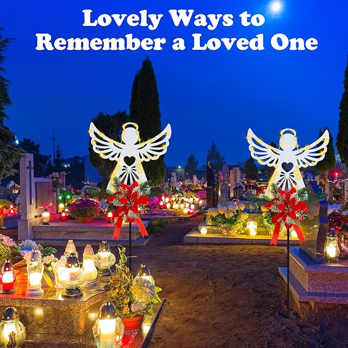 Baquler 2 Pack Christmas Solar Angel Stake Lights 32" Christmas Cemetery Grave Decorations with Poinsettia for Xmas Cemetery Memorial Outdoor Yard Pathway Garden Lawn Decorations