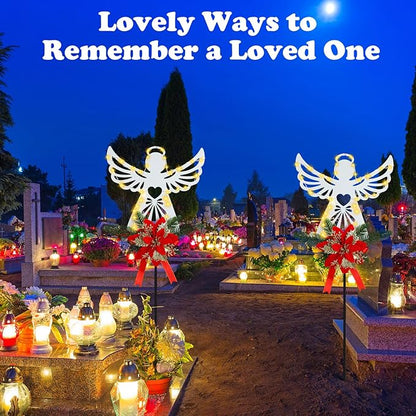 Baquler 2 Pack Christmas Solar Angel Stake Lights 32" Christmas Cemetery Grave Decorations with Poinsettia for Xmas Cemetery Memorial Outdoor Yard Pathway Garden Lawn Decorations