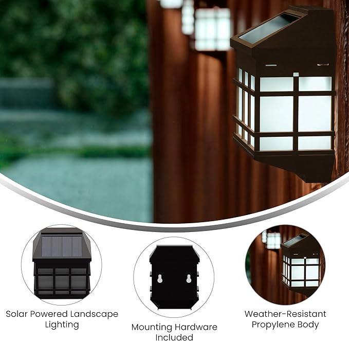 Flash Furniture Holder 6 Pack Wall Mount LED Solar Lights - Weather Resistant Brown Decorative Solar Powered Lights for Decking and Fencing
