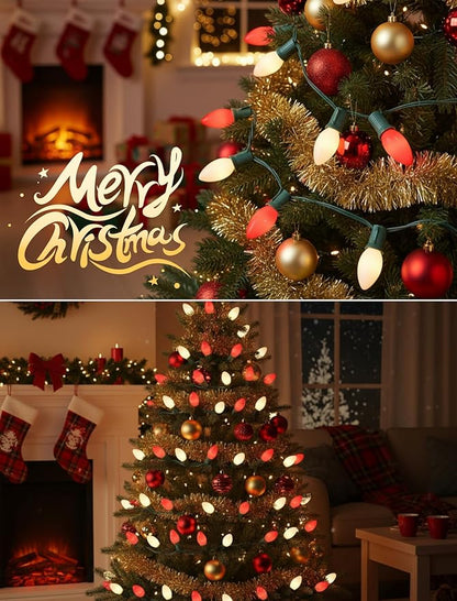 25FT C9 Christmas Lights Outdoor,Red and White C9 Christmas Lights with 26 Ceramic Bulbs(1 Spare), Connectable Incandescent Xmas Light for Indoor Outdoor Party Home Decor,Green Wire