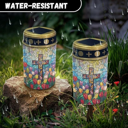 Solar Garden Lights, Cross Tulip Pattern Outside Waterproof Light for Garden Yard Pathway Cemetery Grave Decor Night Path Lights
