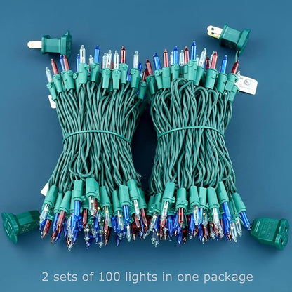 YULETIME 200 Red White & Blue Christmas Lights, Pack of 2 Sets 33 Feet 100 Count UL Certified Incandescent-Like String Lights