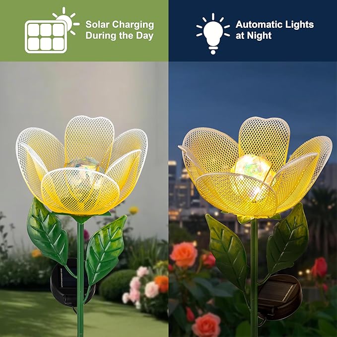 Solar Garden Lights,2 Pack Solar Metal Flowers with Breathing Light,Yard Pathway Lights Outdoor Solar Powered,Outside Lights for Yard Garden Outdoor Pathway Decor