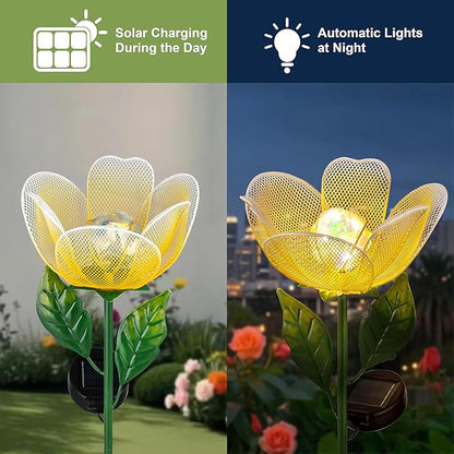 Solar Garden Lights,2 Pack Solar Metal Flowers with Breathing Light,Yard Pathway Lights Outdoor Solar Powered,Outside Lights for Yard Garden Outdoor Pathway Decor