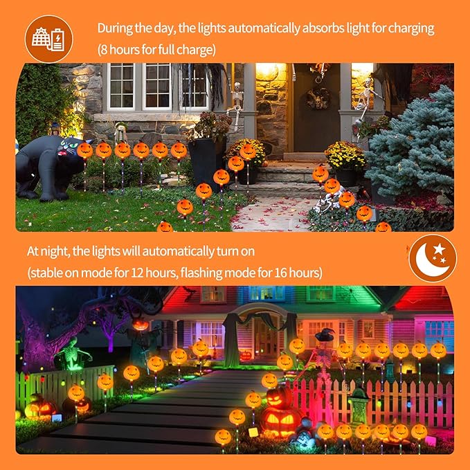 Halloween Pumpkin Stake Lights, 6 Pack Outdoor Decorative Solar Pumpkin Lights, Waterproof Halloween Decorations for Party, Patio, Garden, Lawn & Yard Decor