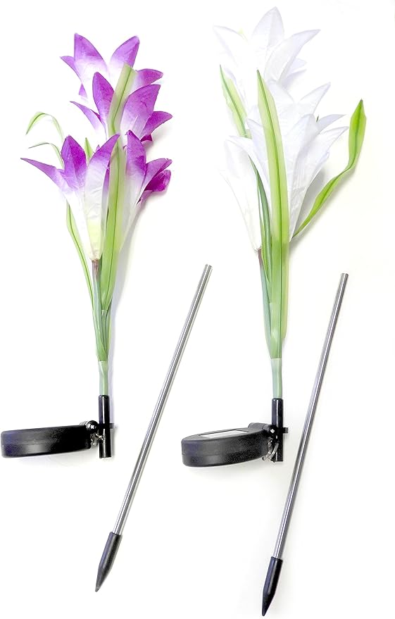 Outdoor Solar Flower Garden Stake Lights (2 Pack) Garden Lilly Flowers Multi Color LED Light Changing White and Purple Indoor-Outdoor
