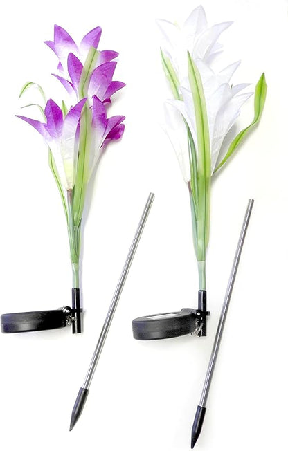 Outdoor Solar Flower Garden Stake Lights (2 Pack) Garden Lilly Flowers Multi Color LED Light Changing White and Purple Indoor-Outdoor