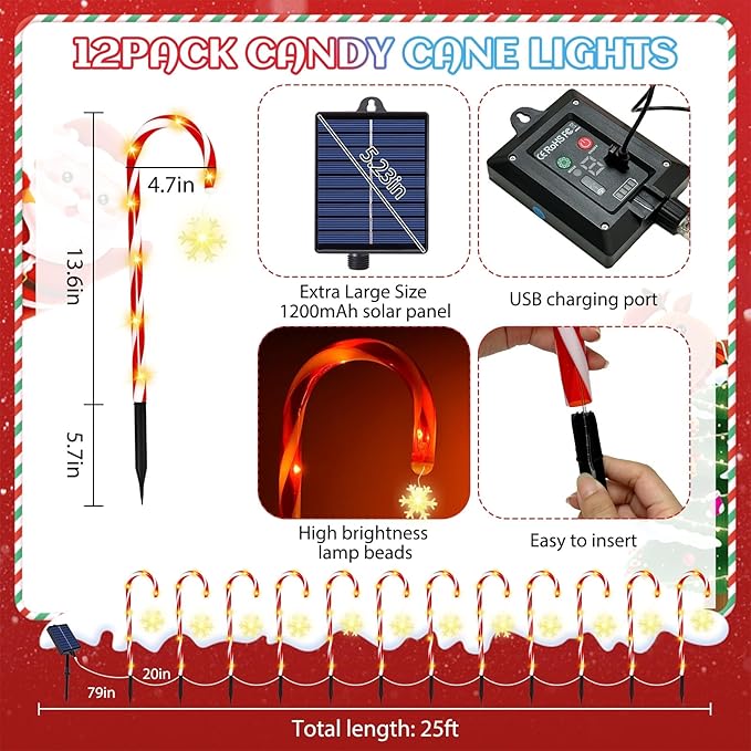Solar Candy Cane Lights, 12 Pcs Christmas Decorations Outdoor, 8 Modes and Timer, Solar & USB Rechargeable, Waterproof Pathway Lights for Outdoor Christmas Yard Patio Walkway Decor