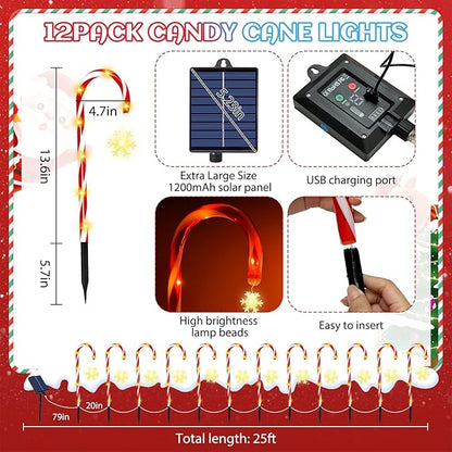 Solar Candy Cane Lights, 12 Pcs Christmas Decorations Outdoor, 8 Modes and Timer, Solar & USB Rechargeable, Waterproof Pathway Lights for Outdoor Christmas Yard Patio Walkway Decor