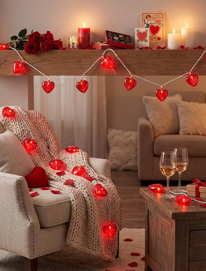 Valentines Red Heart String Lights Plug in, 8.5Ft Outdoor Valentine's Day Decorations Lights with 10 Red Glitter Heart Lights, Hanging Heart Fairy Lights for Indoor Window Wedding Birthday Party Decor