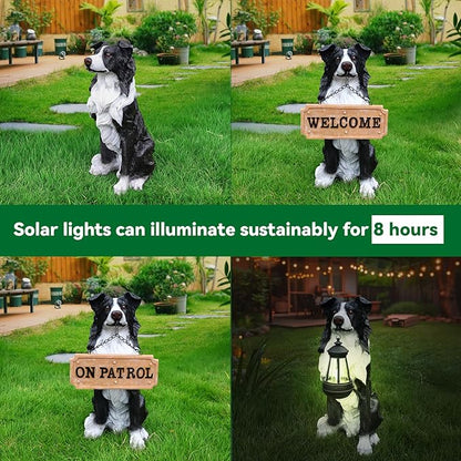 Outdoor Border Collie Dog Statue with Interchangeable Welcome Sign and Detachable Solar Lantern –LED Light Garden Dog Sculpture Décor, Cute Puppy Design for Yard, Porch, Gift