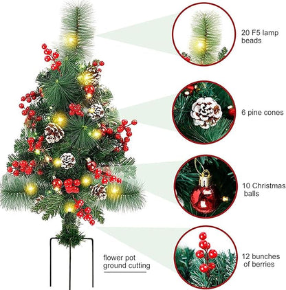 Prelit Artificial Christmas Trees Lights 17.2 Inch Solar Christmas Tree Pathway Lights with Stake Red Berries Pinecones Waterproof Xmas Urn Filler Solar Stake Lights Garden Decor(1Pcs/Solar Powered)