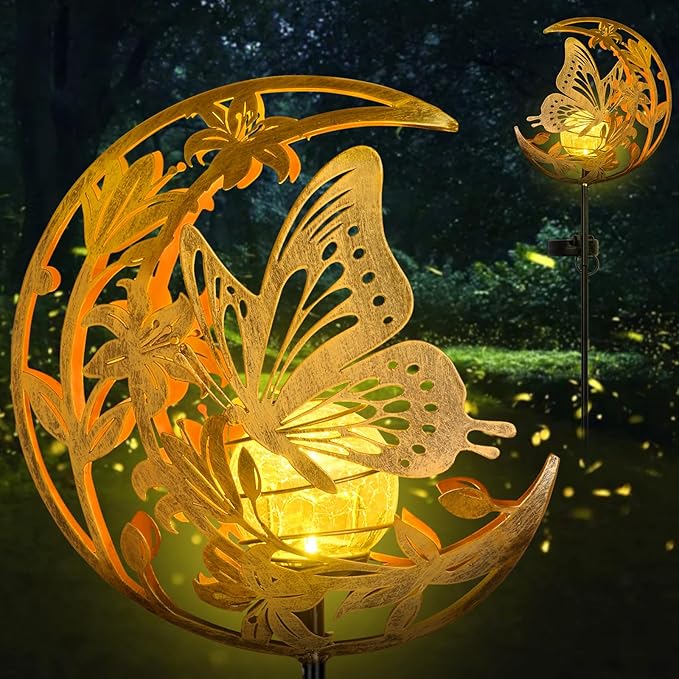 Butterfly Solar Lights Moon Garden Decor, Butterfly Gift for Women, Cracked Glass Ball Solar Lights, Unique Gift Ideas for Gardening Mom Grandma, Outdoor Decorations Patio Yard Lawn Backyard Decor