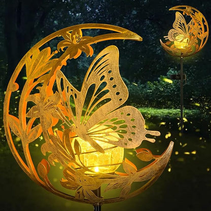 Butterfly Solar Lights Moon Garden Decor, Butterfly Gift for Women, Cracked Glass Ball Solar Lights, Unique Gift Ideas for Gardening Mom Grandma, Outdoor Decorations Patio Yard Lawn Backyard Decor