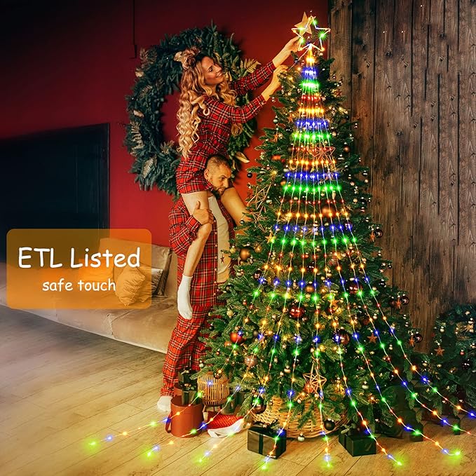 Christmas Decorations Star String Lights - 344 LED Waterfall Tree Lights with 11" Topper Iron Star Christmas Lights Indoor Outdoor Decorative for Wedding Party Home Holiday Decoration, Muitlcolor