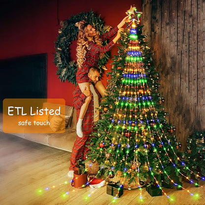 Christmas Decorations Star String Lights - 344 LED Waterfall Tree Lights with 11" Topper Iron Star Christmas Lights Indoor Outdoor Decorative for Wedding Party Home Holiday Decoration, Muitlcolor