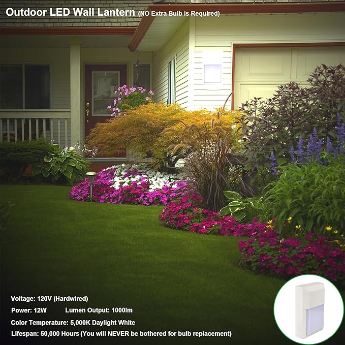 LIT-PaTH Outdoor LED Wall Lantern, Wall Sconce as Porch Lighting Fixture, 12W 1000 Lumens, Aluminum Housing Plus PC, 5000K White Finish, 2-Pack