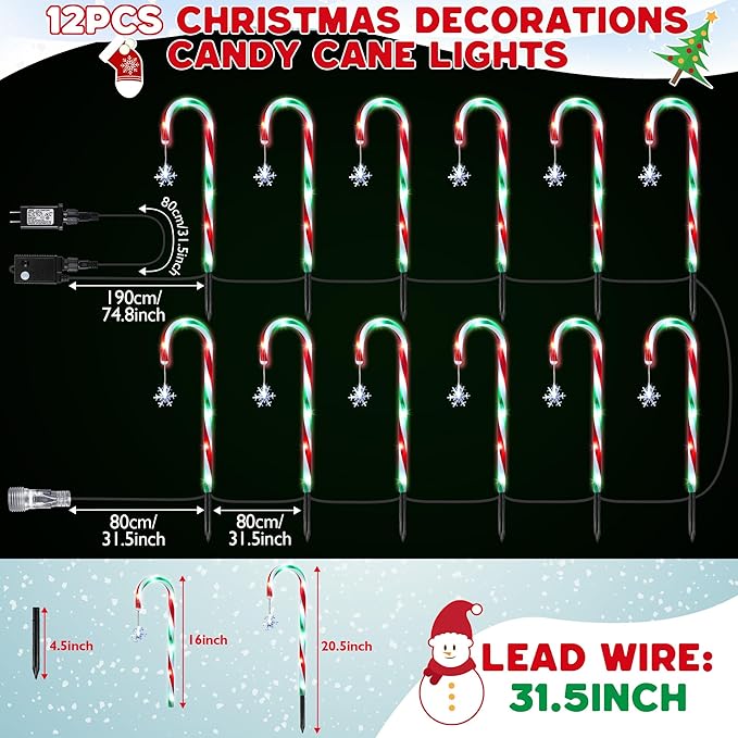 Hiboom 12 Pcs Christmas Candy Cane Light with 4 Christmas Theme Music, 20'' Pathway Markers Lights with Stakes Holiday Driveway Light for Xmas Holiday Party Walkway Garden Decor(Red, Green, White)