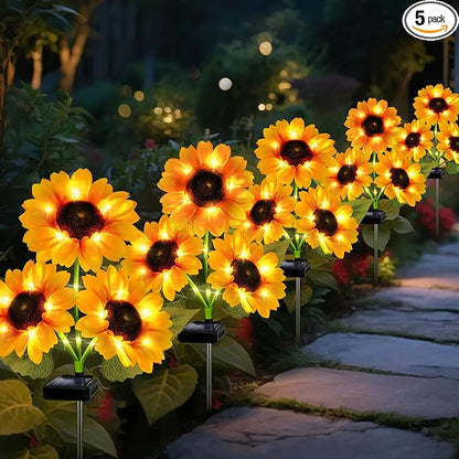 Solar Garden Lights Outdoor, 5 Pack Sunflower Lights with 15 Large Sunflower, Waterproof Garden Decor, Birthday Gifts for Mom Grandma, Decorative Solar Flowers for Pathway Patio Yard Fall Decorations