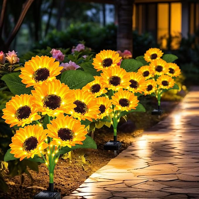 Solar Garden Lights Outdoor, 4 Pack Sunflower Lights with 24 Real Looking Flowers, Waterproof Summer Garden Decor | Lumora