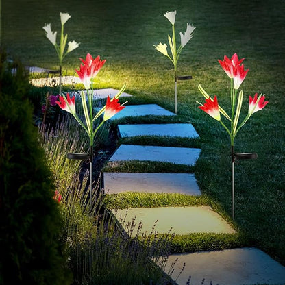 Veemoon 2pcs Solar Floor Plug Lamp Lily Shape LED Garden Solar Light with Ground Stake, Outdoor Landscape Path Light for Lawn Patio Decoration, White and Pink Mix