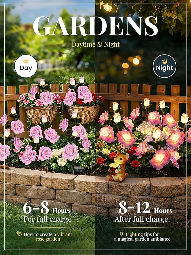 GIGALUMI Solar Lights Outdoor for Garden Decor, 3 Pack Solar Flower Lights Waterproof, 2 Lighting Modes 9 Rose Flowers for Pathway,Yard, Patio Decoration, Gardening Gifts for Women (Purple)