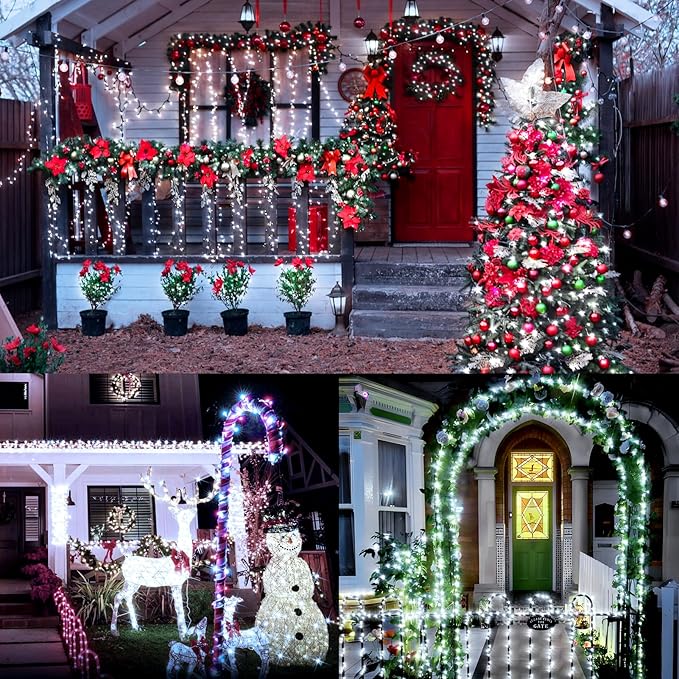 XURISEN Christmas Lights Outdoor 197FT 500 LED Green Wire String Lights 8 Modes with Timer Memory Waterproof Fairy Light Plug in for Xmas Tree Wedding Yard Party Holiday Decorations(Cool White)