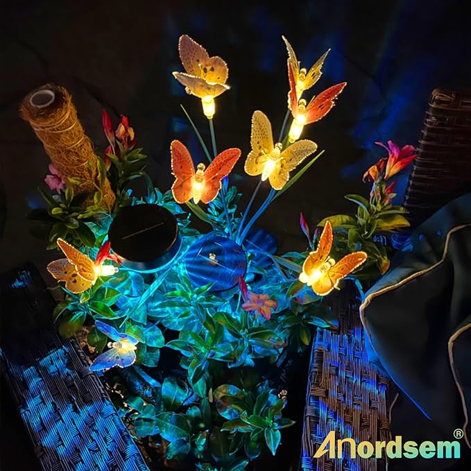 Anordsem Solar Garden Lights Outdoor: 8 Removable Optical Fiber Butterflies 2 Pack - Waterproof Fun Animal | Lumora