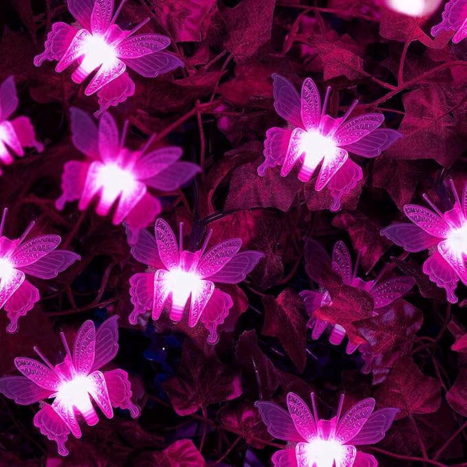 Butterfly String Lights, Waterproof 20FT 30LED Butterfly Solar Light Outdoor Solar Rope Lights Fairy Light Decorative Garden Lights for Cafe Patio Party Garden Wedding (Pink)