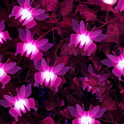 Butterfly String Lights, Waterproof 20FT 30LED Butterfly Solar Light Outdoor Solar Rope Lights Fairy Light Decorative Garden Lights for Cafe Patio Party Garden Wedding (Pink)