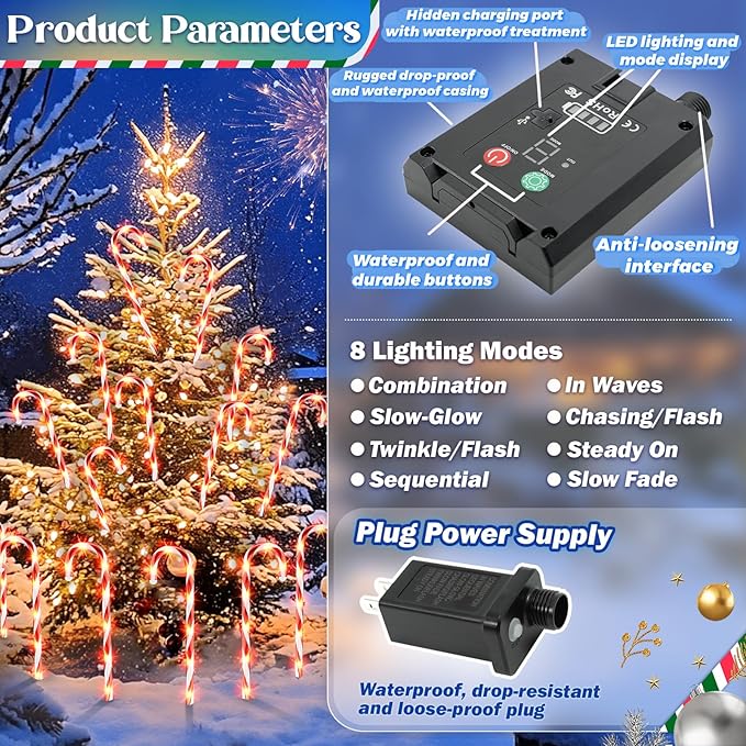 Solar Christmas Decorations Outdoor: 12 Pack Red Candy Cane Pathway Lights - 21" Waterproof LED 8 Blinking Models | Lumora
