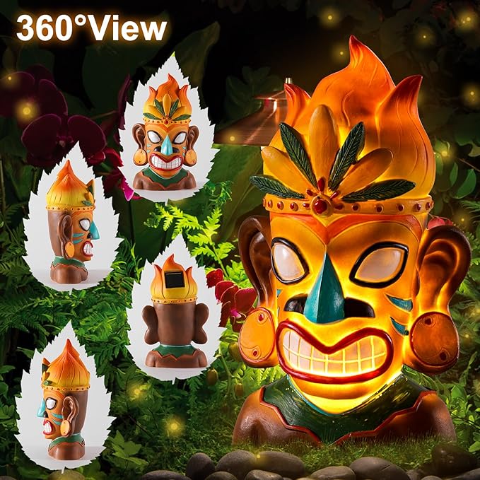 WINTS Solar Tiki Statue,Outdoor Tiki Statue with Solar Light,Flickering Flame Tiki Decor for Bar Yard Garden Patio Decoration -10 x 6 x 4.1 Inches