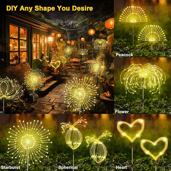 Solar Garden Lights Outdoor, 2 Pack 120 LED Twinkling Firework Lights Decorative with 2 Modes, Outdoor Waterproof | Lumora