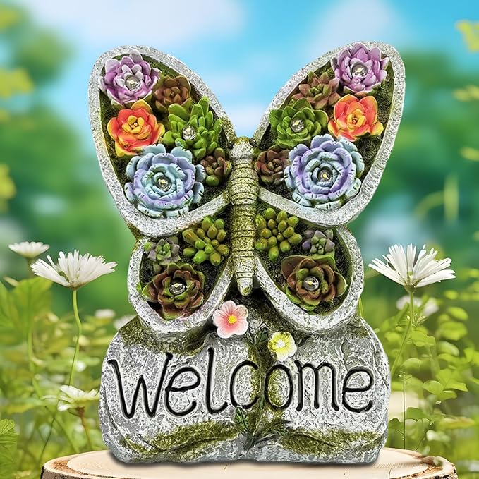 Solar Garden Statues Lights, Succulent Butterfly Resin Lamp with 8 LED, Outdoor Decoration Statues with Welcome Sign Table Lamp for Patio Lawn Yard, Garden Gifts for Mom (Purple Succulent)