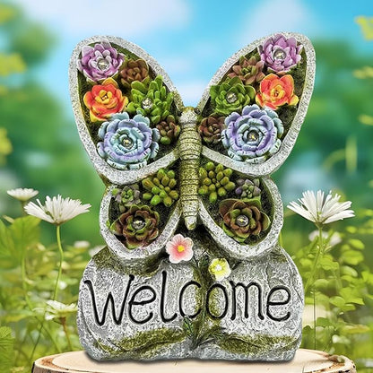Solar Garden Statues Lights, Succulent Butterfly Resin Lamp with 8 LED, Outdoor Decoration Statues with Welcome Sign Table Lamp for Patio Lawn Yard, Garden Gifts for Mom (Purple Succulent)