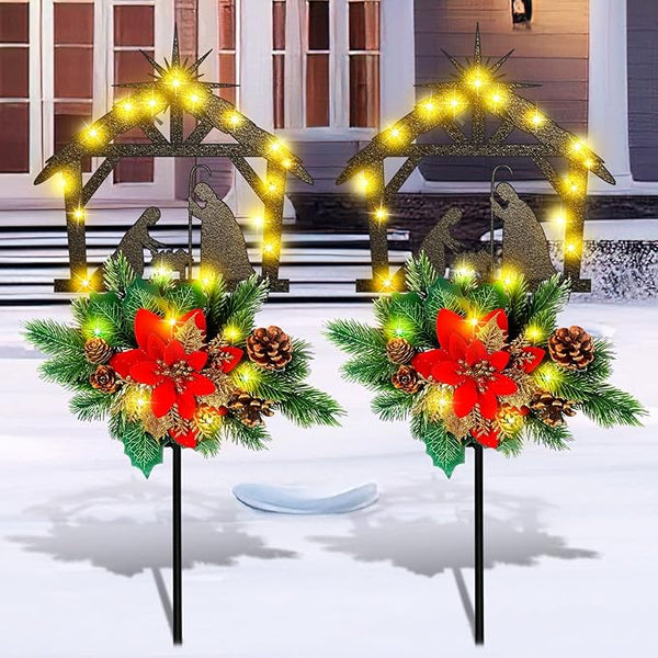 Ganeen 2 Pcs Nativity Scene Yard Stakes Metal Christmas Outdoor Decorations Solar Stake LED Lights Cemetery Grave | Lumora
