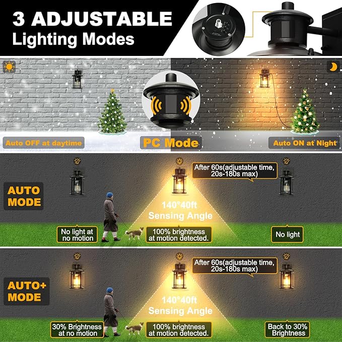 OKELI Retro Industrial Black Outdoor Wall Lights with GFCI Outlet - Dusk to Dawn & Motion Sensor Porch Light, 3 Modes, Waterproof Anti-Rust Exterior Sconce for Porch,Garage, Patio, House